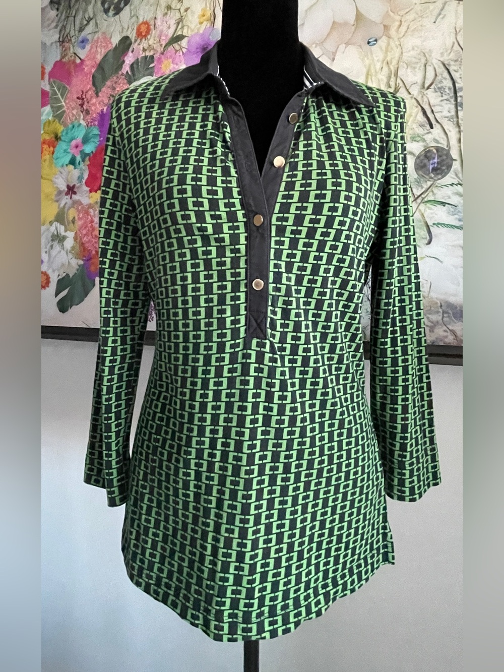 LOFT Green and Black Geometric Quarter-Sleeve Polo Top